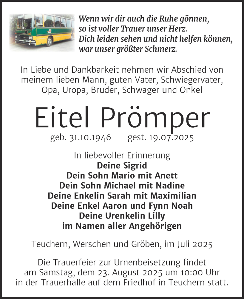  Traueranzeige für Eitel Prömper vom 02.08.2025 aus Trauerkombi Weißenfels
