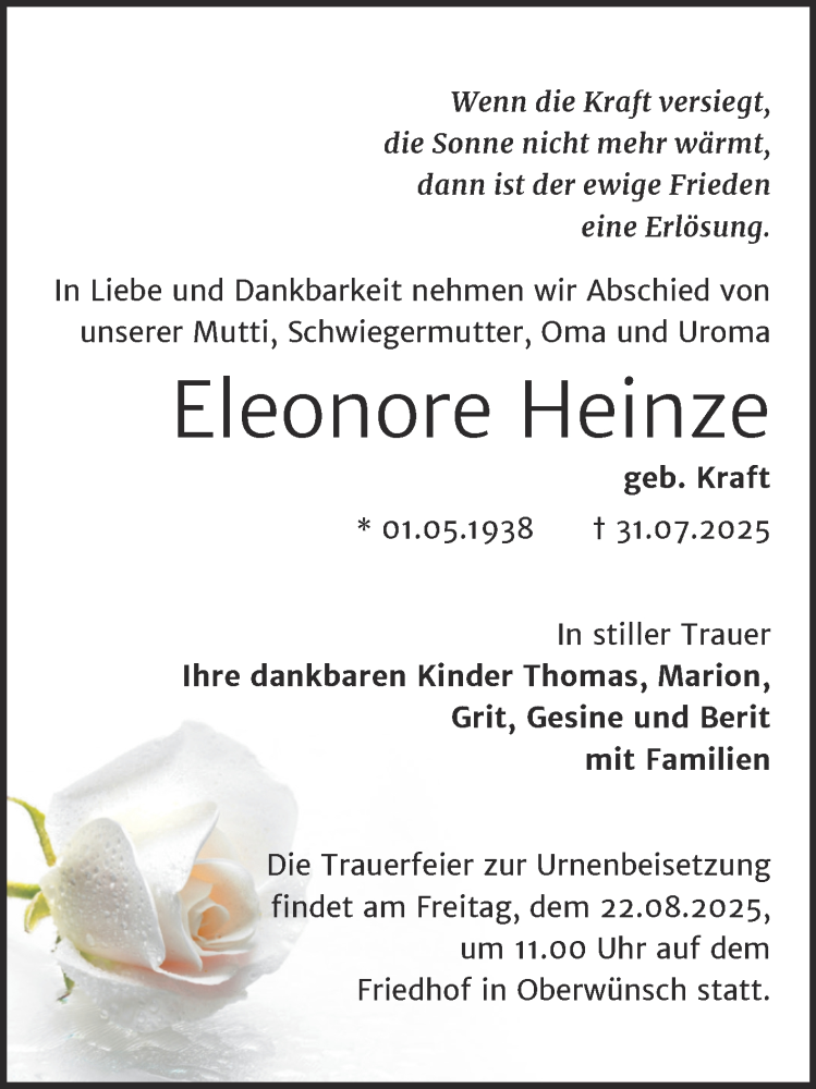  Traueranzeige für Eleonore Heinze vom 09.08.2025 aus Trauerkombi Merseburg