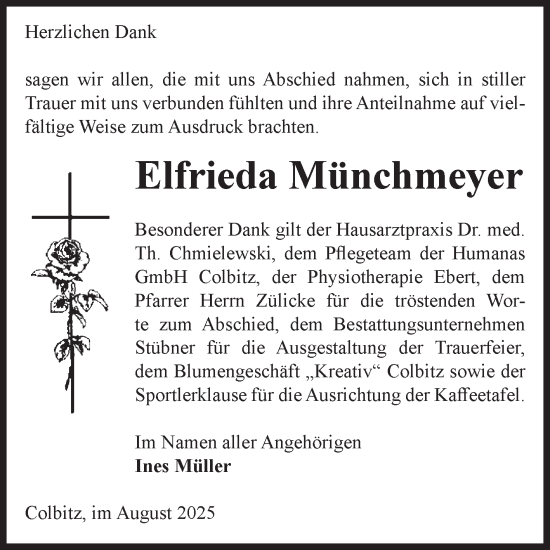 Traueranzeige von Elfrieda Münchmeyer von Volksstimme Haldensleben/Wolmirstedt