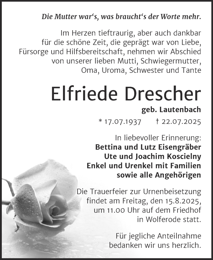  Traueranzeige für Elfriede Drescher vom 09.08.2025 aus Trauerkombi Mansfelder Land