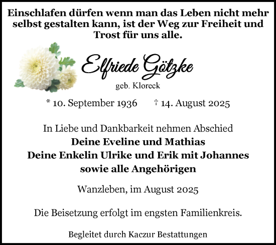 Traueranzeige von Elfriede Götzke von Volksstimme Oschersleben/Wanzleben