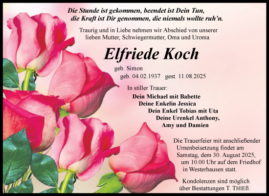 Traueranzeige von Elfriede Koch von Trauerkombi Quedlinburg