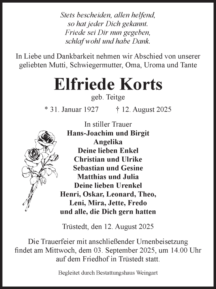  Traueranzeige für Elfriede Korts vom 21.08.2025 aus Volksstimme Altmark West