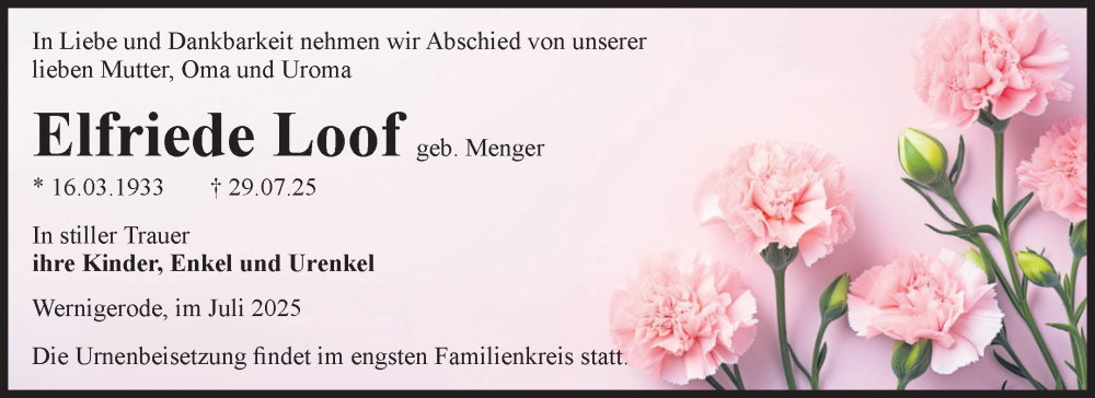 Traueranzeige für Elfriede Loof vom 09.08.2025 aus Volksstimme Wernigerode