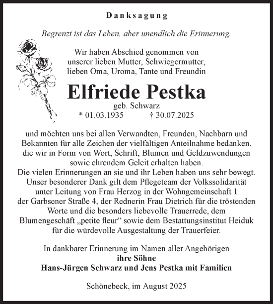 Traueranzeige von Elfriede Pestka von Volksstimme Schönebeck