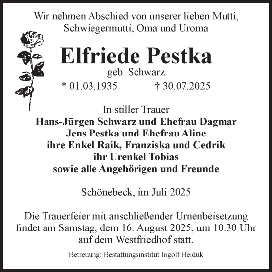 Traueranzeige von Elfriede Pestka von Volksstimme Schönebeck