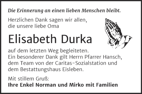 Traueranzeige von Elisabeth Durka von Trauerkombi Mansfelder Land