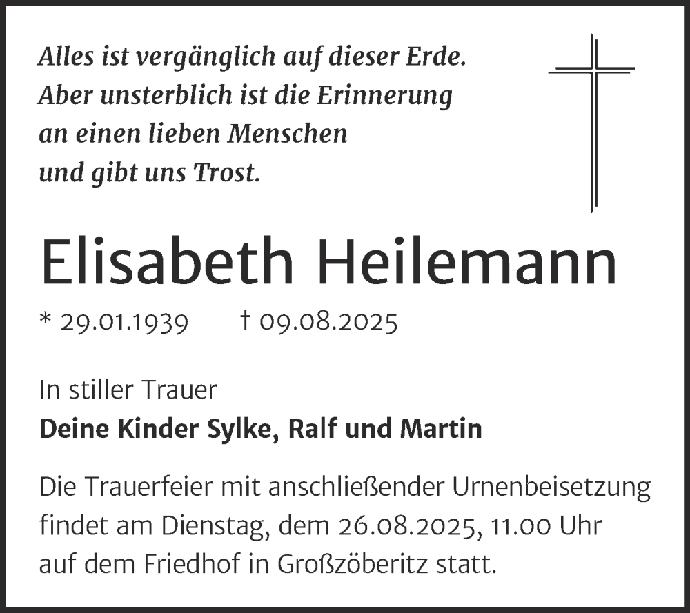  Traueranzeige für Elisabeth Heilemann vom 16.08.2025 aus Trauerkombi Bitterfeld