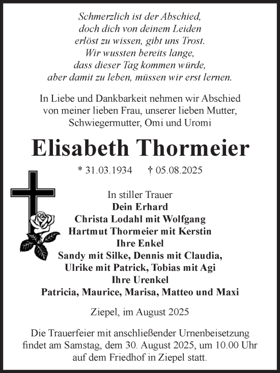 Traueranzeige von Elisabeth Thormeier von Volksstimme Burg/Genthin