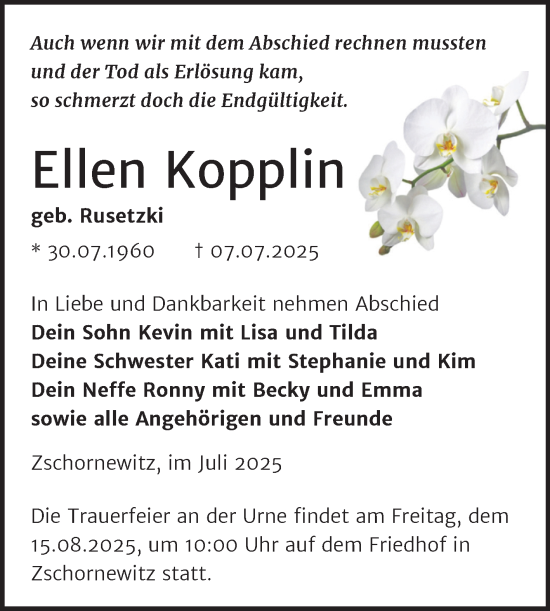 Traueranzeige von Ellen Kopplin von Trauerkombi Wittenberg