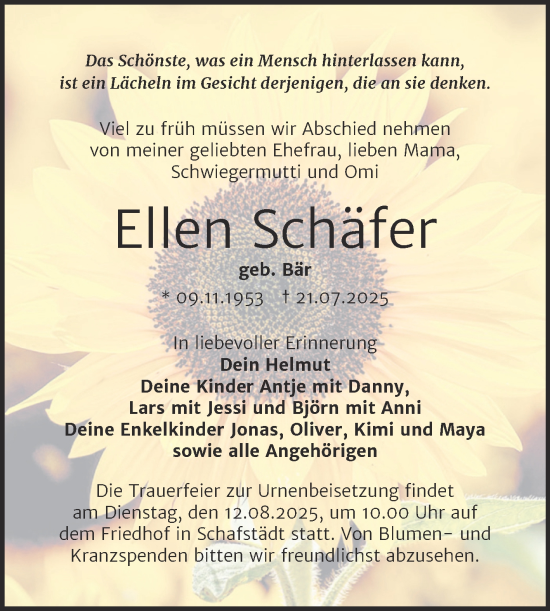 Traueranzeige von Ellen Schäfer von Trauerkombi Merseburg