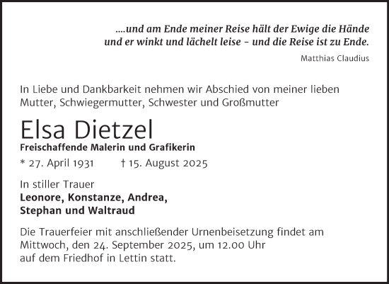 Traueranzeige von Elsa Dietzel von Mitteldeutsche Zeitung Halle/Saalkreis