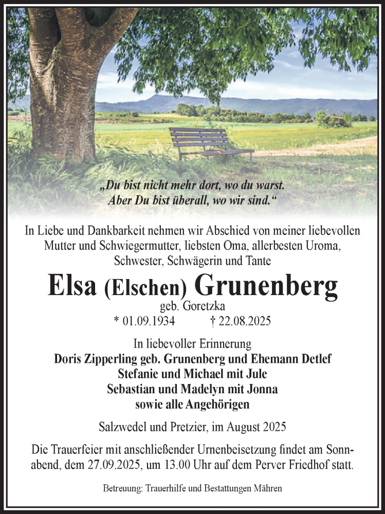  Traueranzeige für Elsa Grunenberg vom 26.08.2025 aus Volksstimme Altmark West