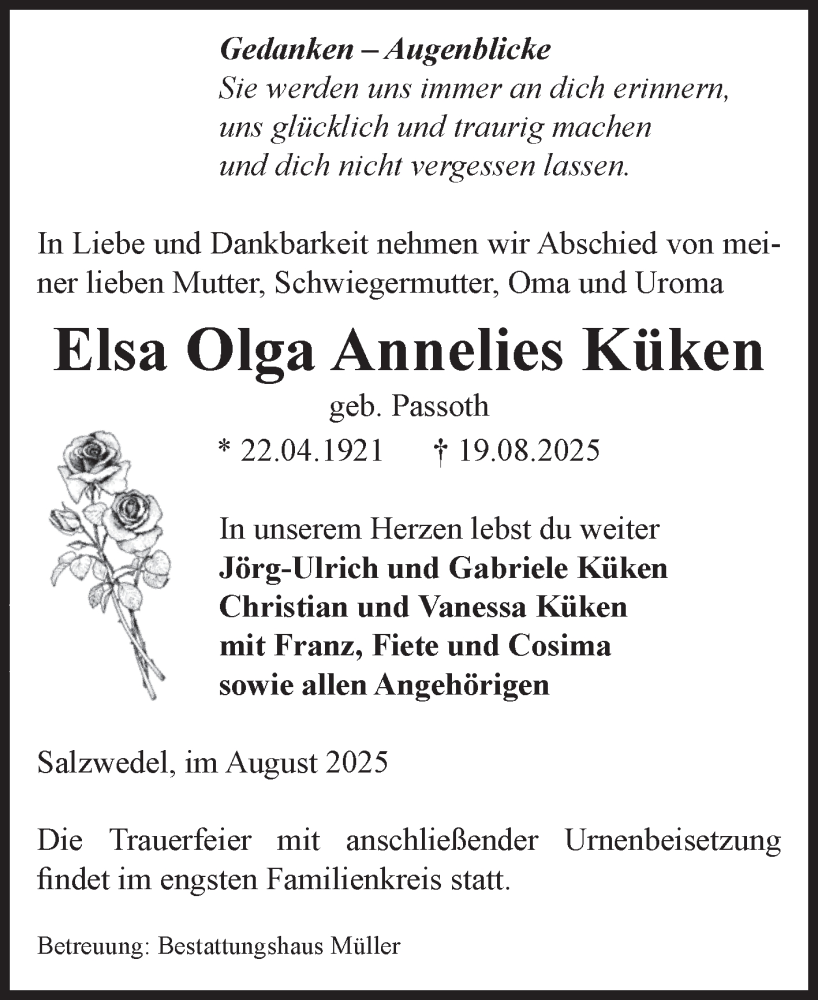  Traueranzeige für Elsa Olga Annelies Küken vom 22.08.2025 aus Volksstimme Altmark West