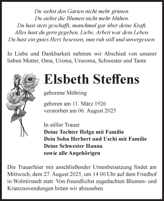 Traueranzeige von Elsbeth Steffens von Volksstimme Haldensleben/Wolmirstedt