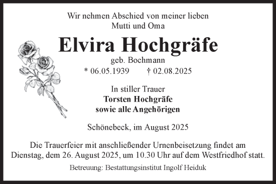 Traueranzeige von Elvira Hochgräfe von Volksstimme Schönebeck