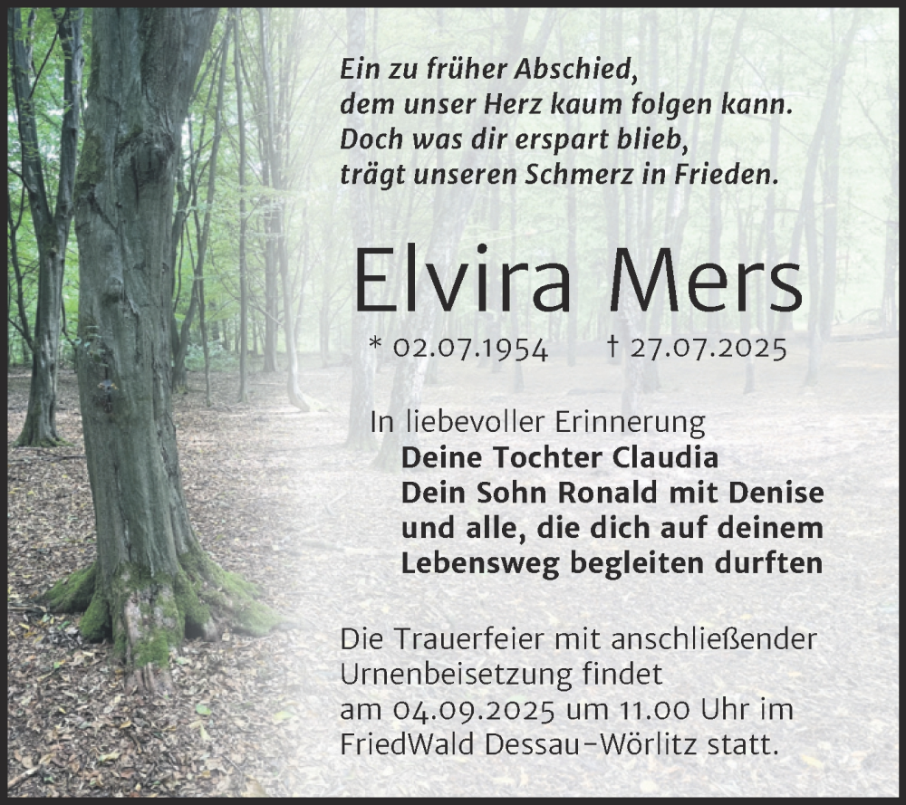  Traueranzeige für Elvira Mers vom 16.08.2025 aus Trauerkombi Dessau