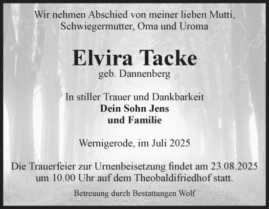 Traueranzeige von Elvira Tacke von Volksstimme Wernigerode