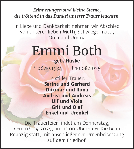 Traueranzeige von Emmi Both von Trauerkombi Köthen