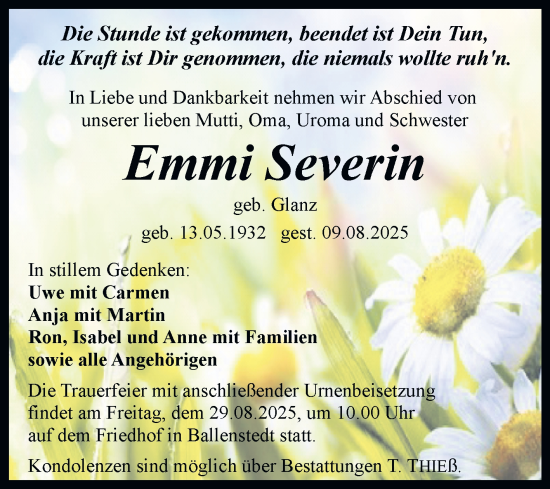 Traueranzeige von Emmi Severin von Trauerkombi Quedlinburg