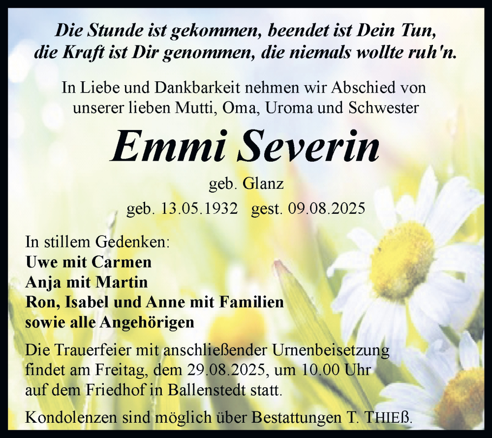  Traueranzeige für Emmi Severin vom 16.08.2025 aus Trauerkombi Quedlinburg