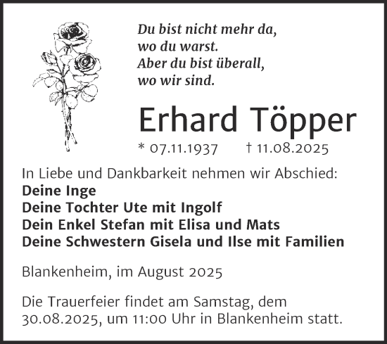Traueranzeige von Erhard Töpper von Trauerkombi Sangerhausen