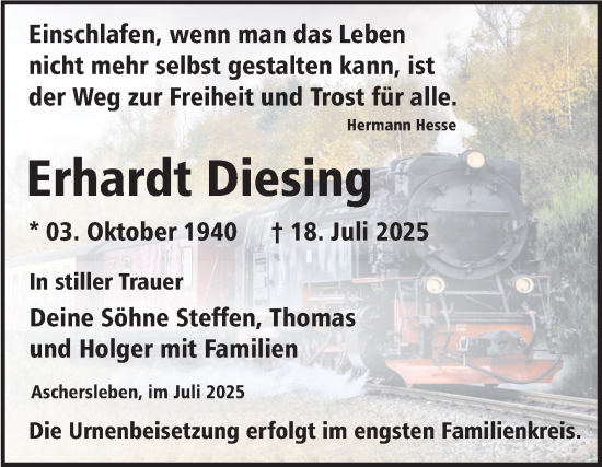Traueranzeige von Erhardt Diesing von Trauerkombi Aschersleben