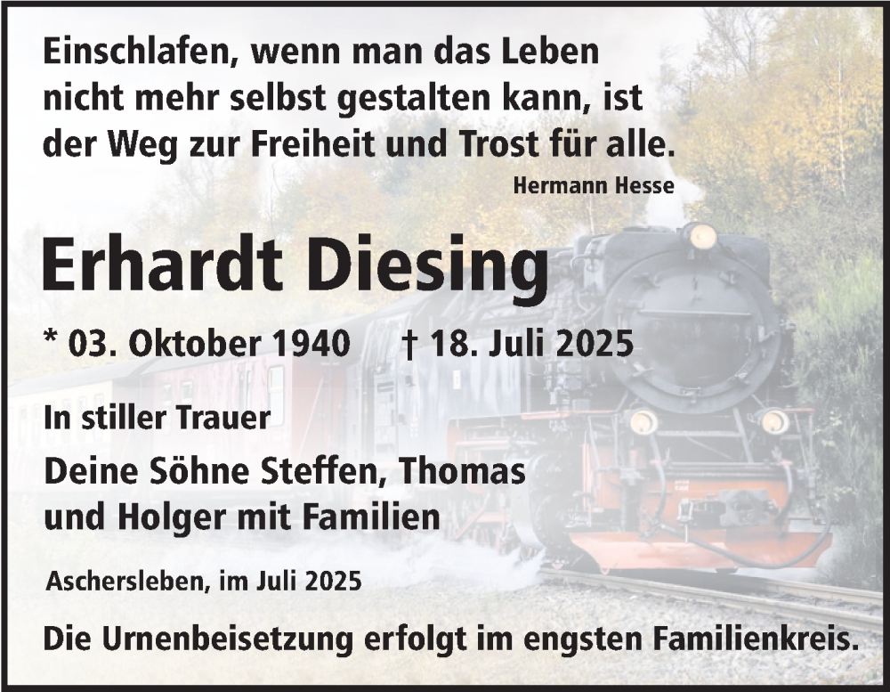  Traueranzeige für Erhardt Diesing vom 02.08.2025 aus Trauerkombi Aschersleben