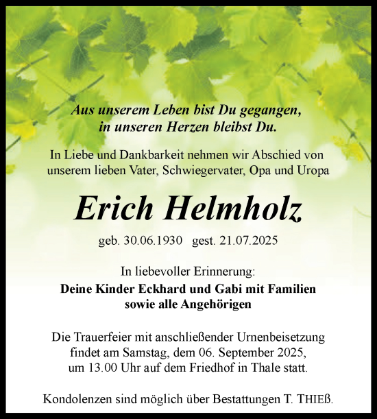 Traueranzeige von Erich Helmholz von Mitteldeutsche Zeitung Quedlingburg