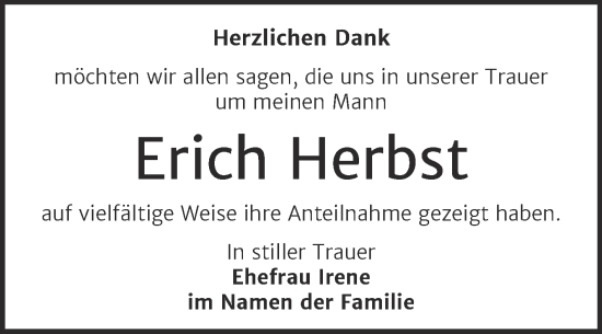 Traueranzeige von Erich Herbst von Trauerkombi Bitterfeld