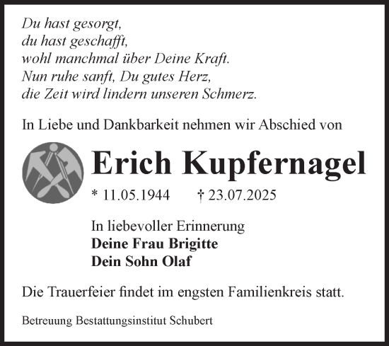 Traueranzeige von Erich Kupfernagel von Volksstimme Haldensleben/Wolmirstedt