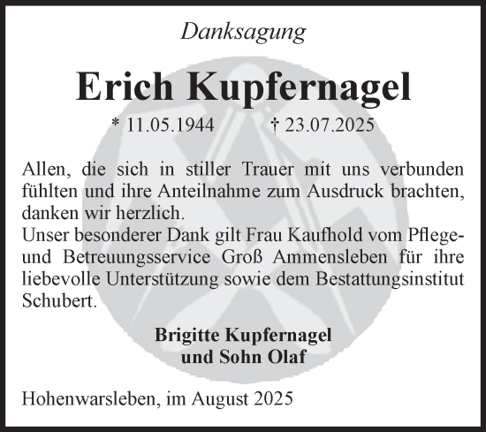 Traueranzeige von Erich Kupfernagel von Volksstimme Haldensleben/Wolmirstedt