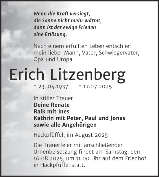 Traueranzeige von Erich Litzenberg von Trauerkombi Sangerhausen