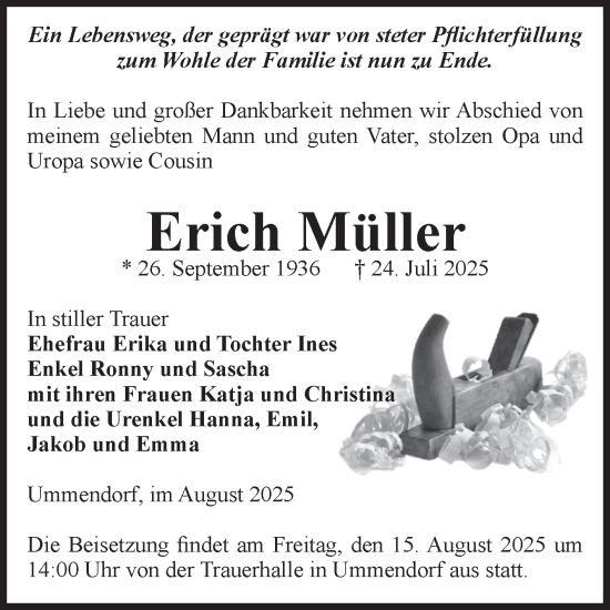 Traueranzeige von Erich Müller von Volksstimme Oschersleben/Wanzleben