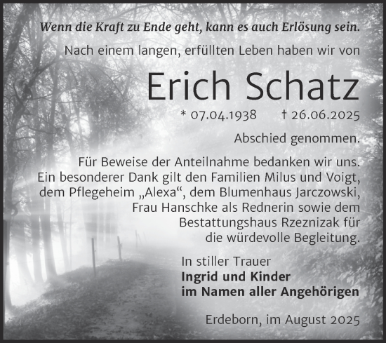 Traueranzeige von Erich Schatz von Super Sonntag Mansfelder Land