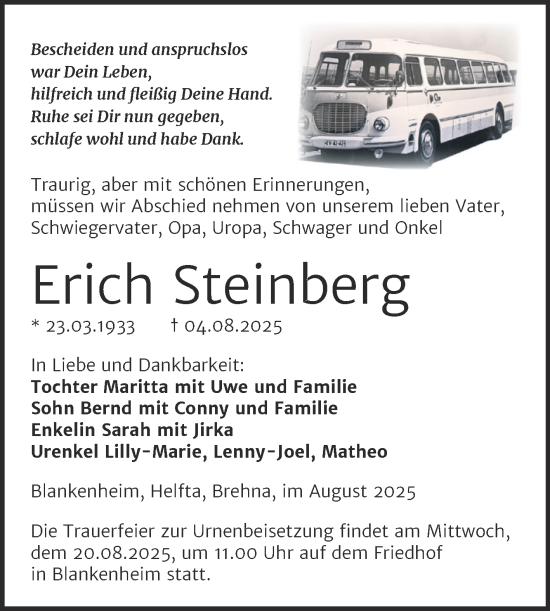 Traueranzeige von Erich Steinberg von Trauerkombi Sangerhausen