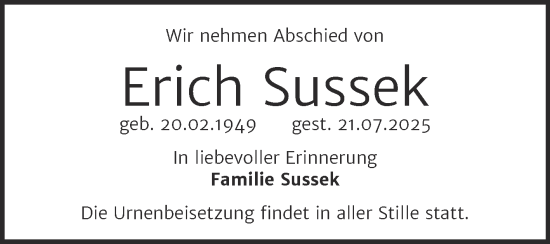 Traueranzeige von Erich Sussek von Trauerkombi Dessau