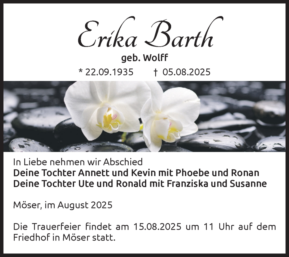  Traueranzeige für Erika Barth vom 09.08.2025 aus Volksstimme Burg/Genthin