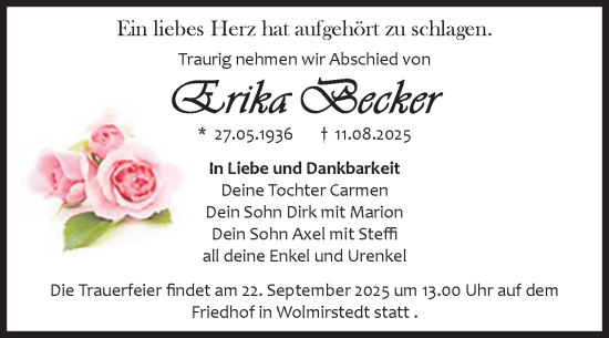 Traueranzeige von Erika Becker von Volksstimme Haldensleben/Wolmirstedt