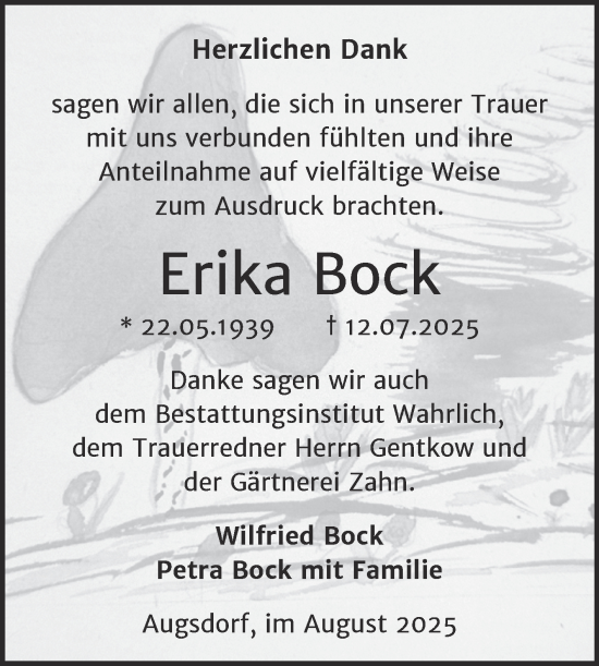 Traueranzeige von Erika Bock von Trauerkombi Mansfelder Land