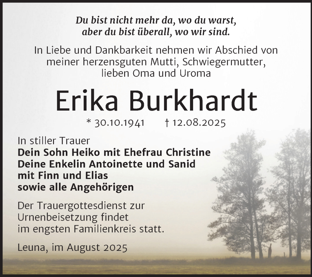  Traueranzeige für Erika Burkhardt vom 16.08.2025 aus Trauerkombi Merseburg