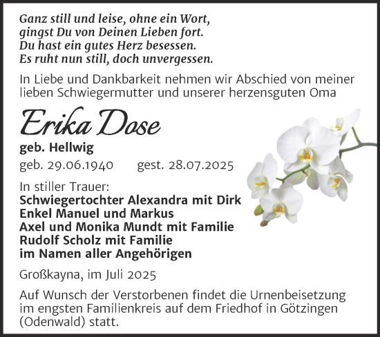 Traueranzeige von Erika Dose von Trauerkombi Merseburg