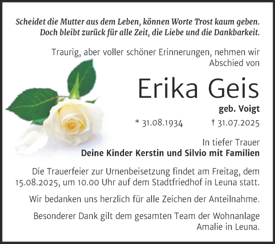 Traueranzeige von Erika Geis von Trauerkombi Merseburg