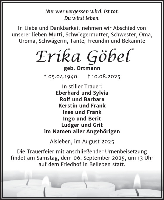 Traueranzeige von Erika Göbel von Trauerkombi Bernburg