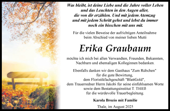 Traueranzeige von Erika Graubaum von Trauerkombi Quedlinburg