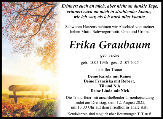 Traueranzeige von Erika Graubaum von Trauerkombi Quedlinburg