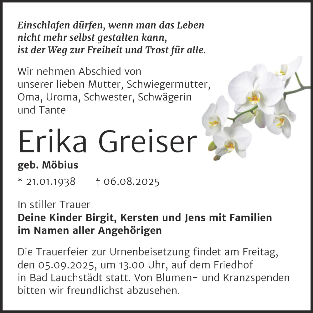  Traueranzeige für Erika Greiser vom 23.08.2025 aus Trauerkombi Merseburg