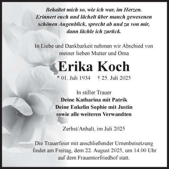 Traueranzeige von Erika Koch von Volksstimme Zerbst