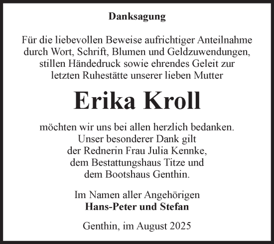 Traueranzeige von Erika Kroll von Volksstimme Burg/Genthin