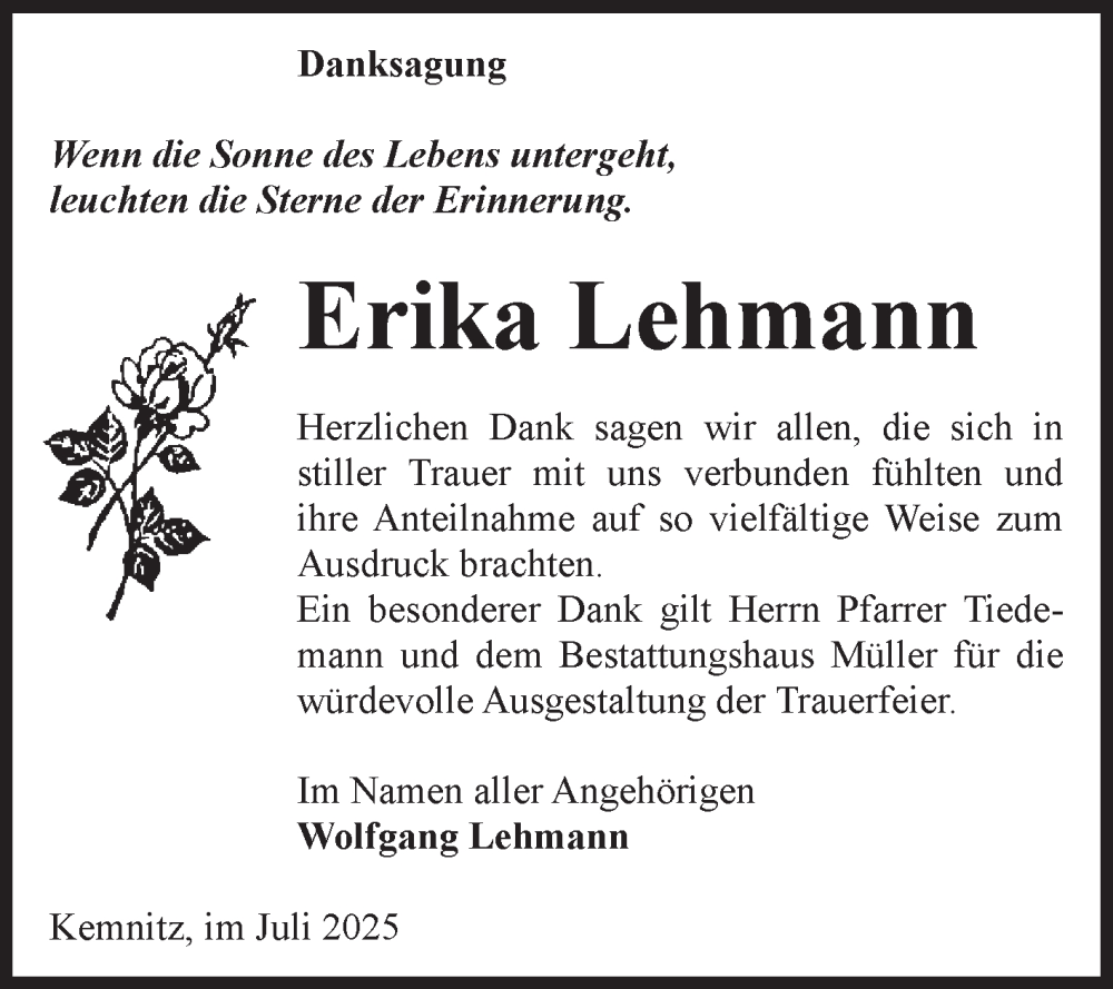  Traueranzeige für Erika Lehmann vom 15.08.2025 aus Volksstimme Altmark West